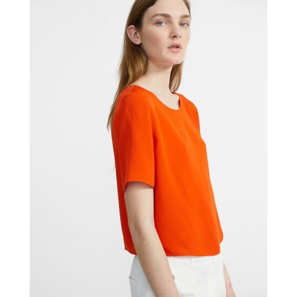 Theory Silk Top Size Large Blouse Boxy Crop Boat Neck Opal Georgette Easy Woven - Picture 3 of 5